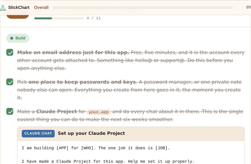A week open on the Master Build Roadmap: the progress bar, a colour-coded track, tasks ticked off, and the prompt for the step sitting under it.